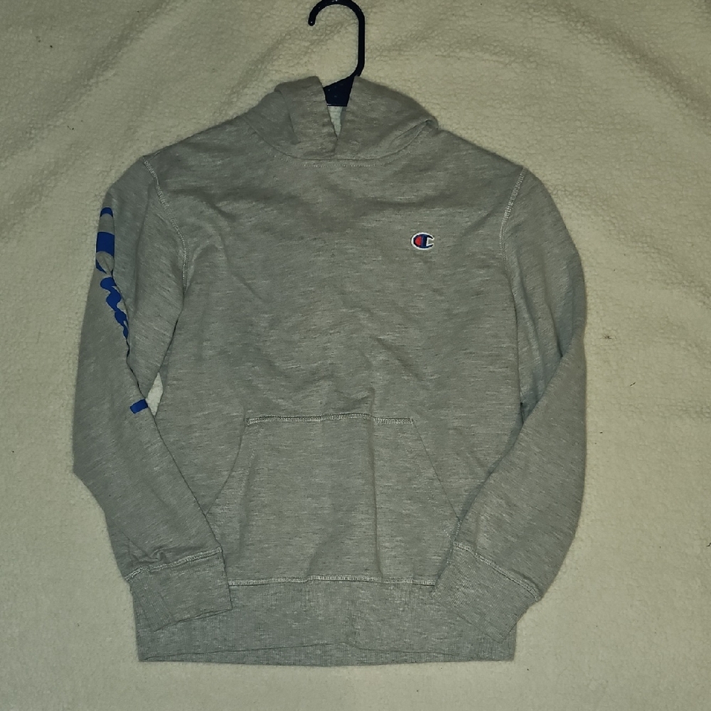 Champion Heather Gray Hoodie with Blue Accents